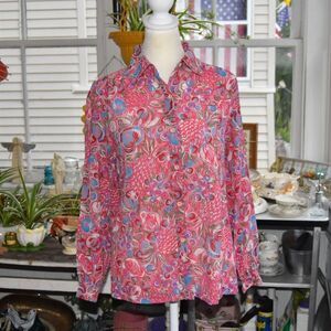 Vintage 1980s Atelier Psychedelic Fruit Floral Button Front Blouse S